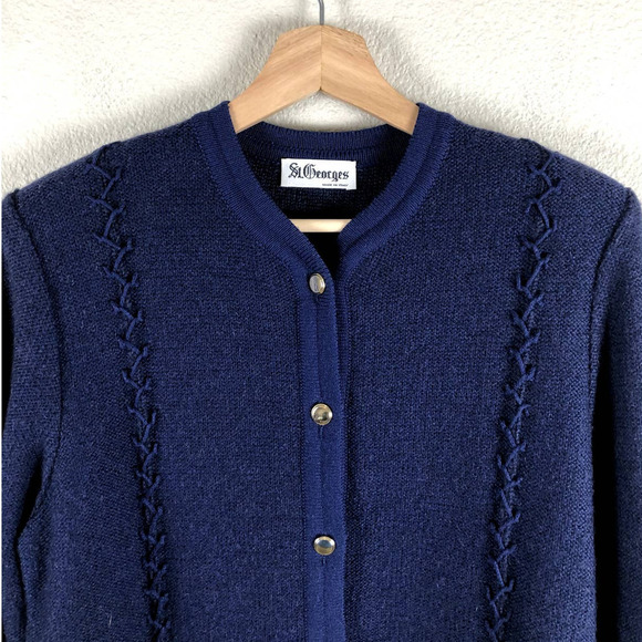 VINTAGE 90s St Georges Sweater Cardigan Blue Mohair Blend Italian Made Sz Large - Picture 3 of 12